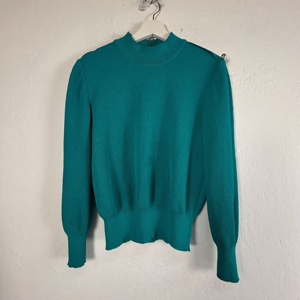Women's Teal High Neck Sweater Long Sleeve Puffed Shoulder Ribbed Knit Pullover